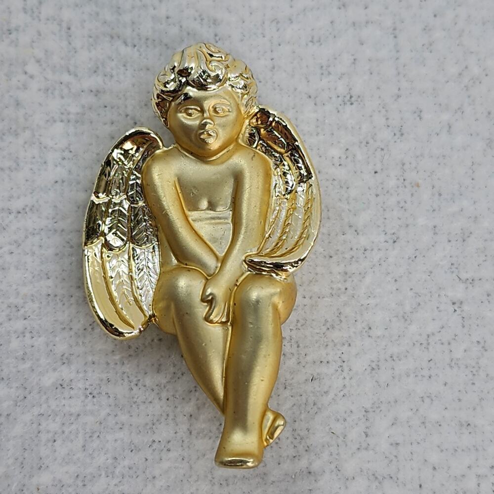 AJC Signed Sitting Angel Brooch 2”x1" Matte Gold Tone Holiday Lapel Pin Jewelry